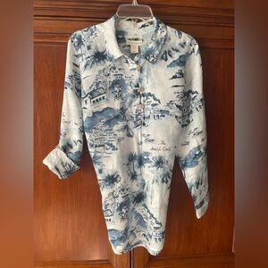 Cynthia Rowley Linen Popover Blouse White/Blue Amalfi. Long or tabbed 3/4 sleeve